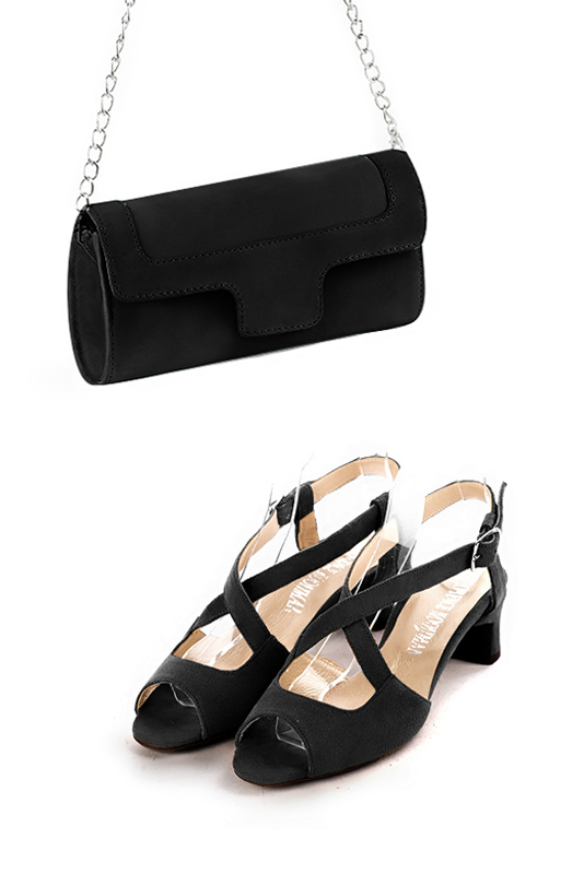 Dress clutch for wedding and parties in matt black leather - Worn view